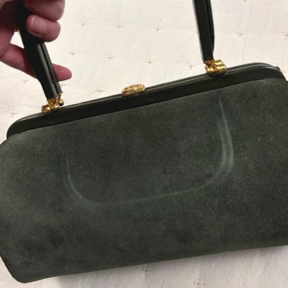 Vintage Suede Doctors Bag Top Handle Satchel Olive Green Gold Hardware - Picture 8 of 12